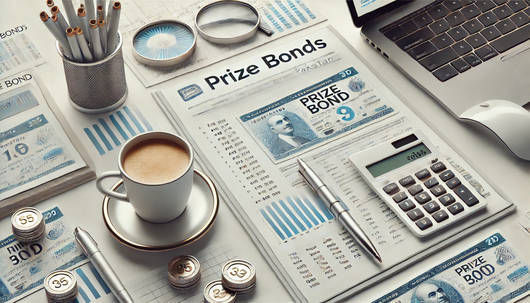A professional desk setup with prize bond papers, a laptop displaying search results, a pen, and a coffee cup, representing financial analysis.