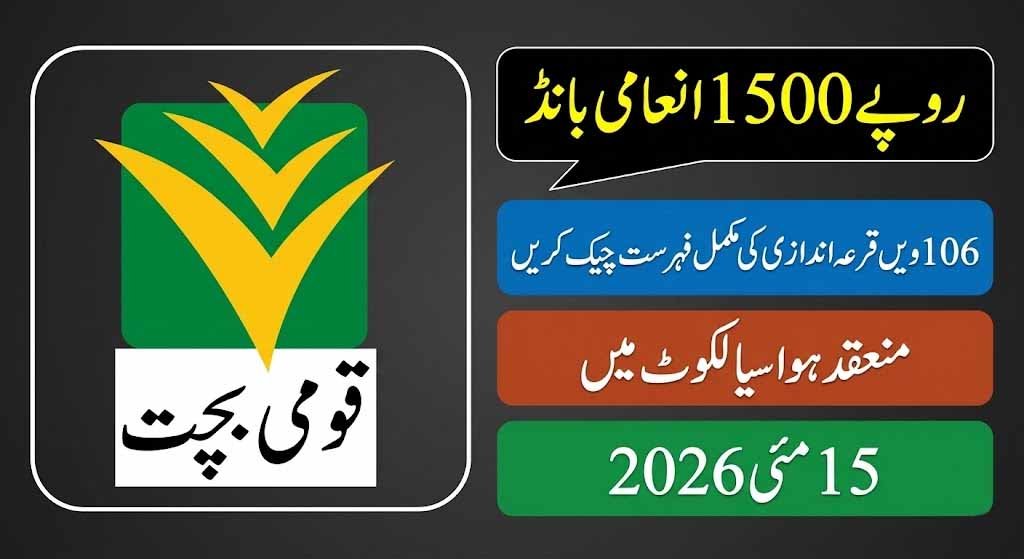 Rs. 1500 Prize Bond Draw No. 106 result announcement banner for Sialkot on 15 May 2026 with National Savings theme